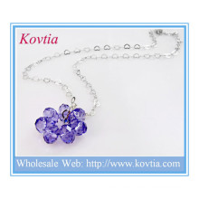 Fashion silver heart link chain purple crystal flower floating pendant necklace
